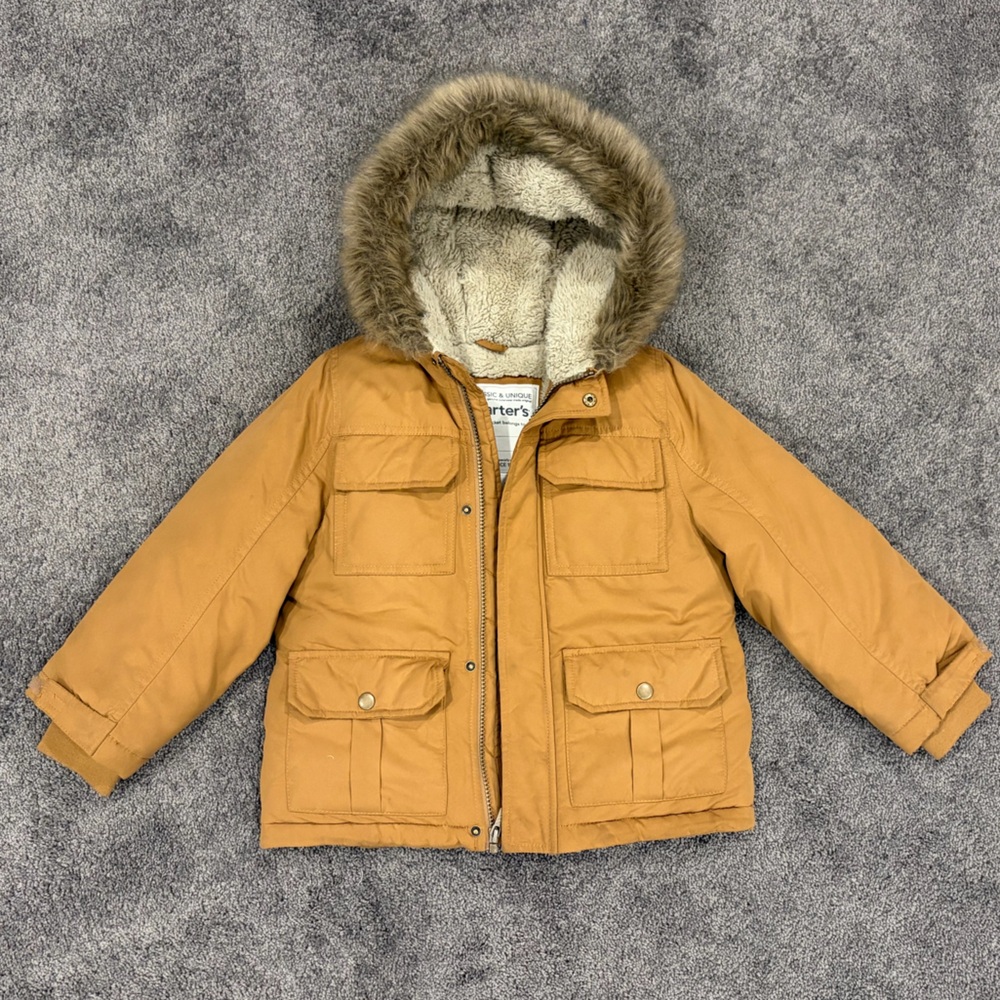 Carter's Tan Puffer Jacket with Faux Fur Hood